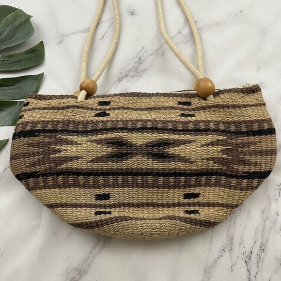 Vintage Woven Basket Tote Bag Purse Brown Black Wood Bead Wool Blend Boho - Picture 3 of 6